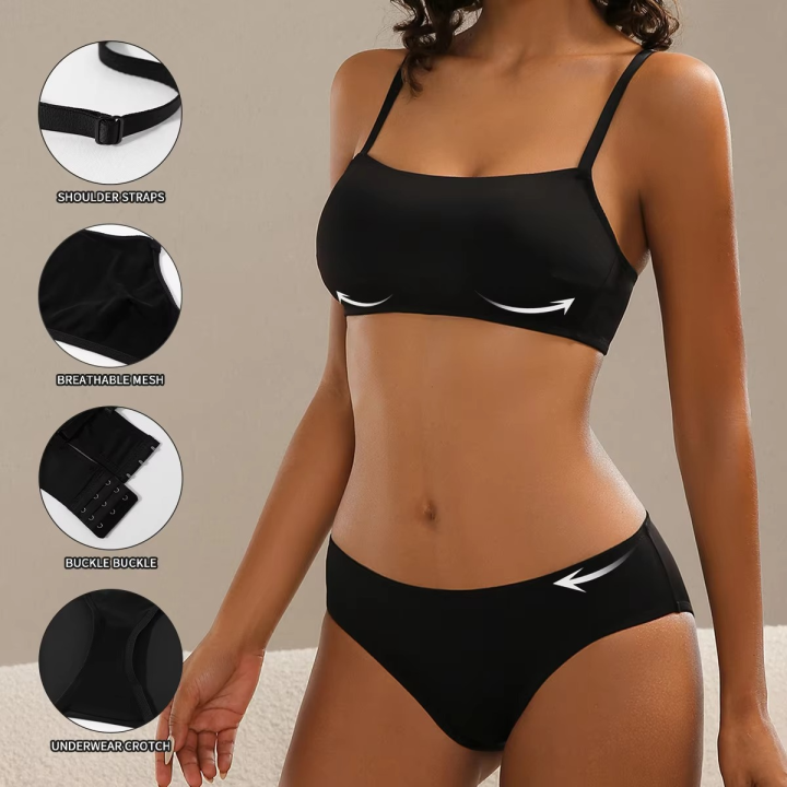 Black Color Fashion Vest Bra Seamless Sport Brassier Full Coverage Panties Set for Women Stretch Fabric Under Wear Girl Bra Set
