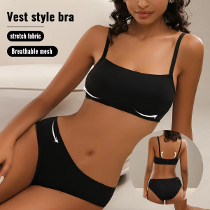 Black Color Fashion Vest Bra Seamless Sport Brassier Full Coverage Panties Set for Women Stretch Fabric Under Wear Girl Bra Set