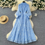 Casual Dressesvintage Elegant Women'S Dress Stand Collar Single Button Waist Embroidery Tulle Long Dresses for Ladies