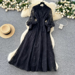 Casual Dressesvintage Elegant Women'S Dress Stand Collar Single Button Waist Embroidery Tulle Long Dresses for Ladies